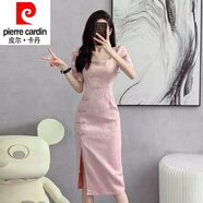 皮爾卡丹（pierre cardin）2024新款復(fù)古中國(guó)風(fēng)荷葉袖年輕款改良短袖開(kāi)叉旗袍粉色連衣裙低領(lǐng) 粉紅色 提花面料 M 108斤以下
