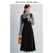 芮鴿大碼假兩件巨顯瘦遮肉a版連衣裙大碼女胖mm遮肚子輕奢高級感 黑色拼接 L