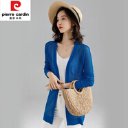 皮爾卡丹（pierre cardin）桑蠶絲針織開衫女中長款時尚夏季外搭空調(diào)衫薄款鏤空防嗮披肩外套 藍色 L