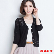 美安嘉夏季新款冰絲針織開(kāi)衫女V領(lǐng)短款鏤空披肩外搭遮陽(yáng)薄款空調(diào)衫外套 黑色七分袖-針織衫 輕薄 L 105-125-輕薄針織衫