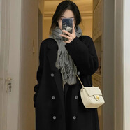 多菲尼森 黑色毛呢外套女秋冬2024新款高級感中長款小個子赫本風呢子大衣 大衣黑色【夾棉加厚】 S 【適穿90-110斤】