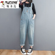 啄木鳥(niǎo)品牌女士褲子 洋氣牛仔背帶褲女早秋2025新款大尺碼胖的mm吊帶高 淺藍色 L【建議110-130斤】