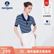 Navigare意大利小帆船短袖針織衫女士夏季顯瘦時尚條紋POLO衫V領(lǐng)毛衣T恤衫 海軍藍/白 L 碼