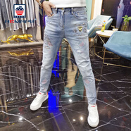 AEMAPE牛仔褲男歐洲站夏季九分潮流金牛燙鉆破洞修身小腳潮牌褲子 淺藍(lán)色 29 2尺2