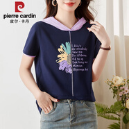 皮爾卡丹連帽純棉短袖t恤女2025年新款夏季洋氣獨特別致上衣帶帽半袖體恤 寶藍色 2XL 126-135斤