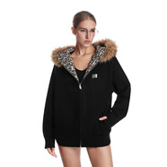 FDR旗艦店 連帽豹紋毛領(lǐng)開(kāi)衫毛衣男秋冬情侶裝保暖長(cháng)袖拉鏈外套女 黑色 [可拆卸毛領(lǐng)] S