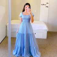 S.SOFEA2025春夏歐美女裝一字肩碎花長裙 天藍色 M