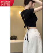 確彤小眾設(shè)計(jì)感純欲風(fēng)露背鏤空抽繩上衣女辣妹修身顯瘦短款短袖t恤ins 黑色 XL 建議110-125斤左右