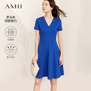 AMII法式復(fù)古a字連衣裙女夏季新款赫本風顯瘦V領(lǐng)修身裙子 克萊因藍 XS 150/76A
