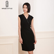 名師路顯瘦連衣裙春季新款V領(lǐng)拼接落肩袖OL風(fēng)干練純色百搭一步裙 黑色88 XL