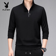 花花公子（PLAYBOY）長(cháng)袖t恤男秋季新款印花中立領(lǐng)純色男士休閑寬松上衣打底衫 官方旗艦黑色L3款僅剩41件 M 165/建議90-120斤
