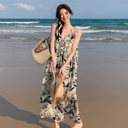 禾戀淑法式吊帶連衣裙女純欲裙子海邊沙灘裙夏天夏季新款氣質(zhì)顯瘦長(zhǎng)裙 V領(lǐng)水墨碎花吊帶連衣裙 XL 【建議115-125斤】