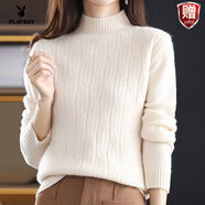 花花公子（PLAYBOY）羊毛衫女半高領毛衣2025秋冬小個子女生寬松短款套頭打底衫女上衣 官方旗艦米白色 M 官方旗艦M 建議96-106斤