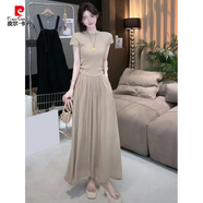 皮爾卡丹（pierre cardin）裙褲夏天女套裝2025夏季新款夏裝搭配一整套短袖針織衫垂感闊腿褲 卡其色上衣+褲裙兩件套 S(80-100)