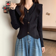 AEMAPE荷葉邊長(zhǎng)袖針織衫女上衣2025春秋冬顯瘦設(shè)計(jì)感紅色毛衣女 黑色 2XL _建議130斤-145斤