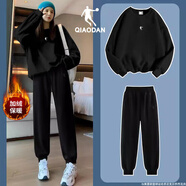 喬丹運動(dòng)兩件套套裝女2025冬季新款加絨加厚保暖休閑跑步運動(dòng)服女 黑色+黑色褲子【加絨】 S （165/84A）