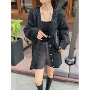 tromlfz秋冬新款寬松慵懶氣質針織開衫女歐洲站顯瘦亮片毛衣外套 黑色 均碼