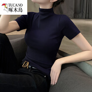 啄木鳥品牌莫代爾高領(lǐng)短袖t恤女夏季女裝新款黑色打底衫針織體恤內(nèi)搭上 深藍(lán)細(xì)針織精棉 M適合85-96斤