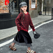 皮爾卡丹（pierre cardin）2024秋冬季新款女童毛衣中大童韓版套頭衫豹紋針織衫冬季打底衫潮 紅色 120 cm