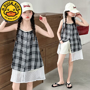 G.DUCKKIDS女童夏季無(wú)袖假兩件吊帶裙2025新款女孩洋氣格子裙中大童韓版休閑 黑白格子吊帶A字裙 150 cm