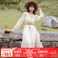 LAGOGO氣質(zhì)荷葉邊碎花長(cháng)袖連衣裙女拉谷谷雪紡A字收腰修身裙子 混色(Y0) S 155/36