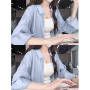 魯雅爾藍色薄款防曬襯衫女夏季設計感長袖寬松開衫上衣韓版休閑襯衣外套 淺藍色 XL （建議120斤到140斤)