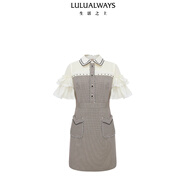 LULUALWAYS我愛(ài)露露25新款時(shí)尚優(yōu)雅格子拼接花邊短袖連衣裙 卡其色 S