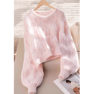 粗線(xiàn)毛衣女粉色圓領(lǐng)鏤空粗線(xiàn)套頭毛衣女秋季軟糯慵懶風(fēng)寬松遮肉外 粉色上衣【秋天港風(fēng)初秋森系鹽系梨形身材穿搭韓系學(xué)院 M