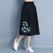 Lauaird 繡花民族風(fēng)女裝秋夏半身裙女棉麻中長(cháng)裙大擺裙復古四季裙子有口袋 黑色6815繡花裙子 均碼 建議90斤-145斤