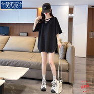莫代爾不規(guī)則中長款短袖t恤女春裝2025新款寬松慵懶風(fēng)百搭減齡V領(lǐng)上衣女 黑色 L 建議120135斤