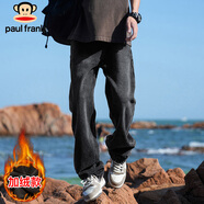 大嘴猴（paul frank）牛仔褲男士冬季美式復古褲子男寬松休閑褲男褲 黑灰色加絨 XL
