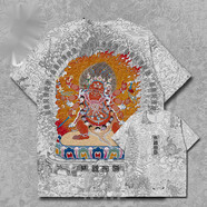 氧家藏族服裝男短袖 佛像馬頭金剛藏族三面六臂明王觀(guān)音大碼男女裝夏 仿棉T恤-馬頭金剛白色01-A XS 40至50公斤