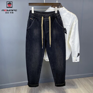 AEMAPE美國蘋(píng)果冬季加絨加厚松緊腰黑色牛仔褲男寬松抽繩哈倫彈力潮流休 黑色 不加絨 常規 33 145-155斤