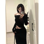 憶靜萱（YIJINGXUAN）歐美風(fēng)性感辣妹穿搭緊身顯身材包臀裙針織連衣裙兩件套裝女春夜店 黑色半裙【版】 M 【連衣裙2024新款女秋冬季/公主