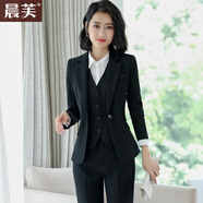 晨芙小西裝外套女商務(wù)職業(yè)裝西服套裝職場(chǎng)正裝氣質(zhì)白領(lǐng)工裝面試工作服 黑色西裝+馬甲+西褲 L 建議100-110斤