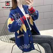 AEMAPE針織衫女2026春秋冬季毛衣開(kāi)衫時(shí)尚中長(cháng)款寬松慵懶風(fēng)女士外套紅色 藍色 L _建議100-115斤