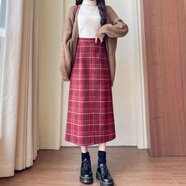 HIPPATIA包臀裙2025春秋新款長(cháng)裙女百搭高腰顯瘦A子復古斜格紋格子半身裙 新大紅色 S （建議95斤以下）