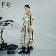 日著(zhù)設計師原創(chuàng  )女裝2024夏季新款寬松收腰可調節印花中長(cháng)連衣裙子 光影咖 XL