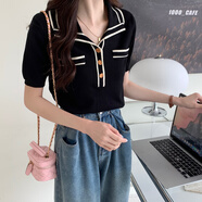君芳雅夏季Polo領(lǐng)正肩短袖冰絲T恤女寬松小香風(fēng)上衣針織衫 黑色 M建議90100斤