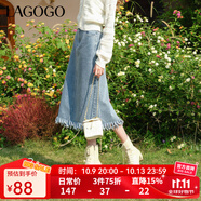 LAGOGO舒適高腰流蘇牛仔裙女拉谷谷春季新款復(fù)古A字休閑半身裙 淺牛仔藍(lán)(N7) M