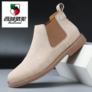 西域駱駝（VANCAMEL）輕奢秋冬季2025新款中幫馬丁靴男士加絨保暖切爾西高幫大碼男鞋 沙色(單鞋) 42