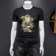 閃爆輕奢亮片刺繡短袖t恤男圓領(lǐng)修身龍圖案半袖小衫胖哥大碼夏裝上衣 19504黑色金龍 M