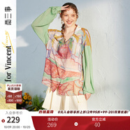 兩三事設計感小眾薄款襯衫女夏季梵高油畫風雪紡防曬衫花野芳菲 綠色 M