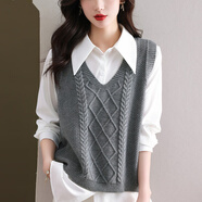 香影芬馬甲背心女春秋坎肩2025新款針織衫上衣寬松毛衣早秋純色馬夾外穿 灰色 S (建議95斤以?xún)?