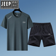 吉普（JEEP）運(yùn)動(dòng)服套裝男跑步短袖冰絲夏季速干衣運(yùn)動(dòng)服健身衣服短褲 8701灰色上衣+61621深藍(lán)褲子 6XL(200-220斤)
