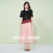 Basic House/百家好撞色休閑夏季新款寬松顯瘦氣質(zhì)感短袖連衣長裙 黑拼朱古粉韻 M