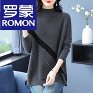 羅蒙（ROMON）大碼半高領(lǐng)羊毛衫中長加厚毛衣女寬松媽媽拼色羊毛絨打底衫 9107/ 款 灰色 L (建議108-115斤