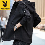 花花公子（PLAYBOY ESTABLISHED 1953）外套男春秋季韓版潮流男士夾克連帽休閑秋冬加絨厚款外衣 黑色【春秋款】 M  【90-110斤】