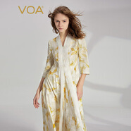 VOA22姆米提花V領(lǐng)七分袖撞料喬其對絲工藝田園氣質(zhì)真絲連衣裙 AE2573 秋葉靜美（E88） M