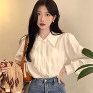 雉喬娃娃領(lǐng)白色襯衫女秋冬新款疊穿內(nèi)搭風(fēng)琴褶襯衣設(shè)計(jì)感別致長袖上衣 白色Polo領(lǐng) 四眼珍珠白扣子 M 建議90-102斤